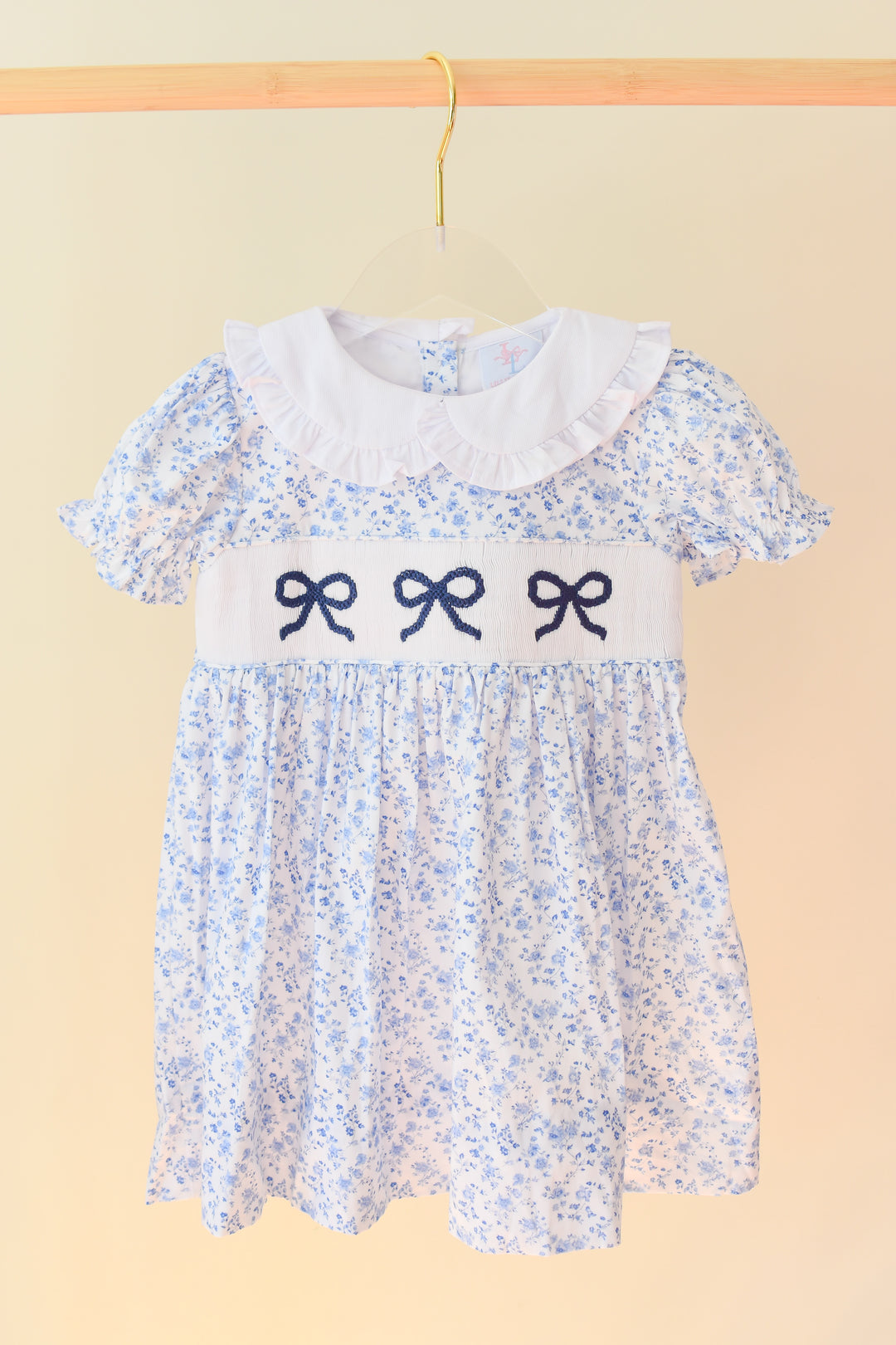 Girls Blue Floral Smocked Bella Bow Dress