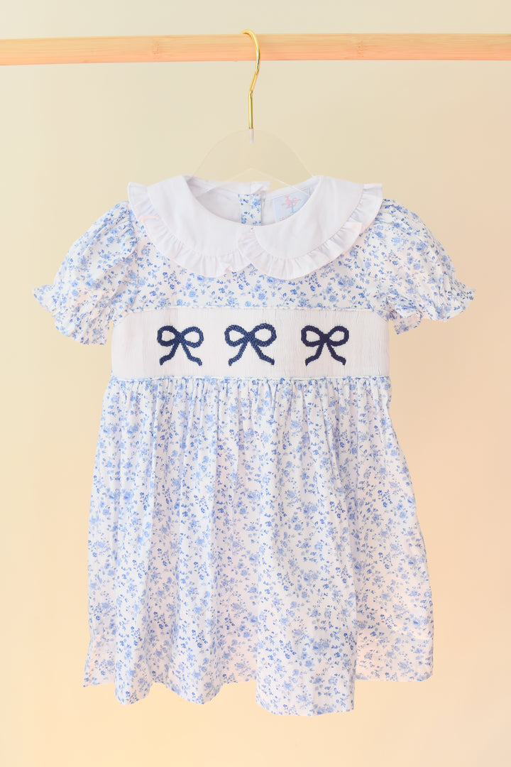 Girls Blue Floral Smocked Bella Bow Dress