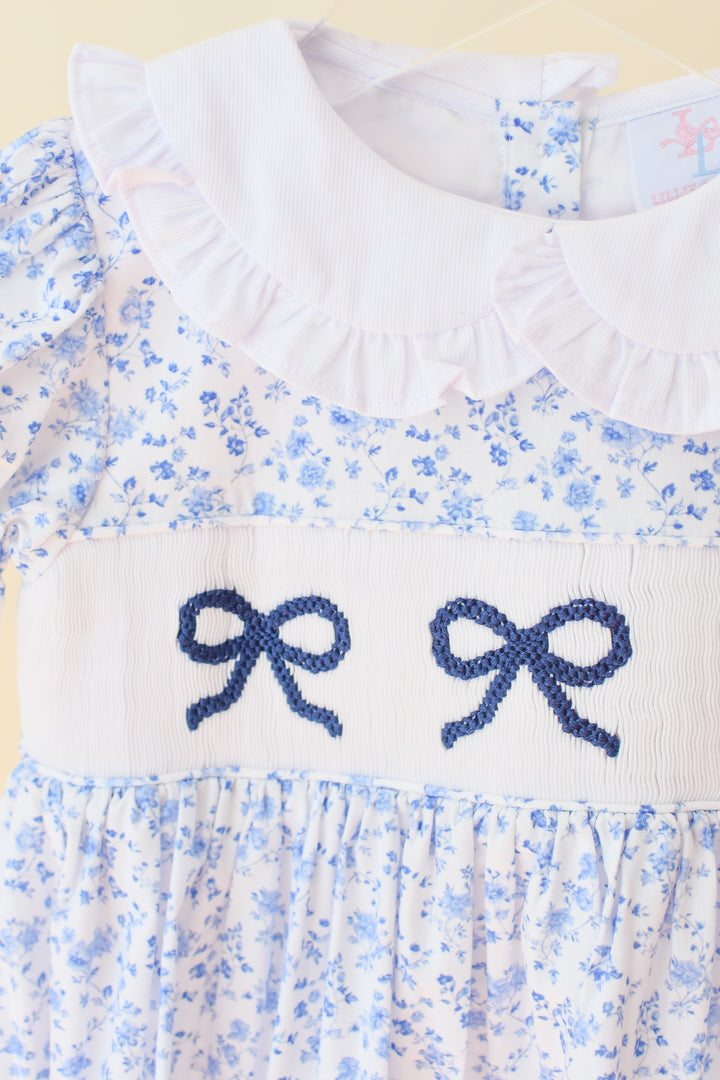 Girls Blue Floral Smocked Bella Bow Dress