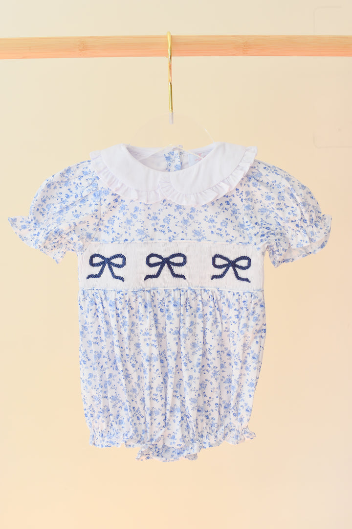 Girls Blue Floral Smocked Bella Bow Bubble