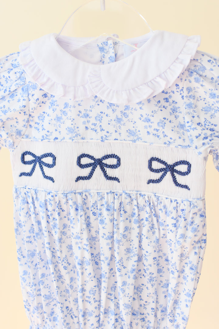 Girls Blue Floral Smocked Bella Bow Bubble