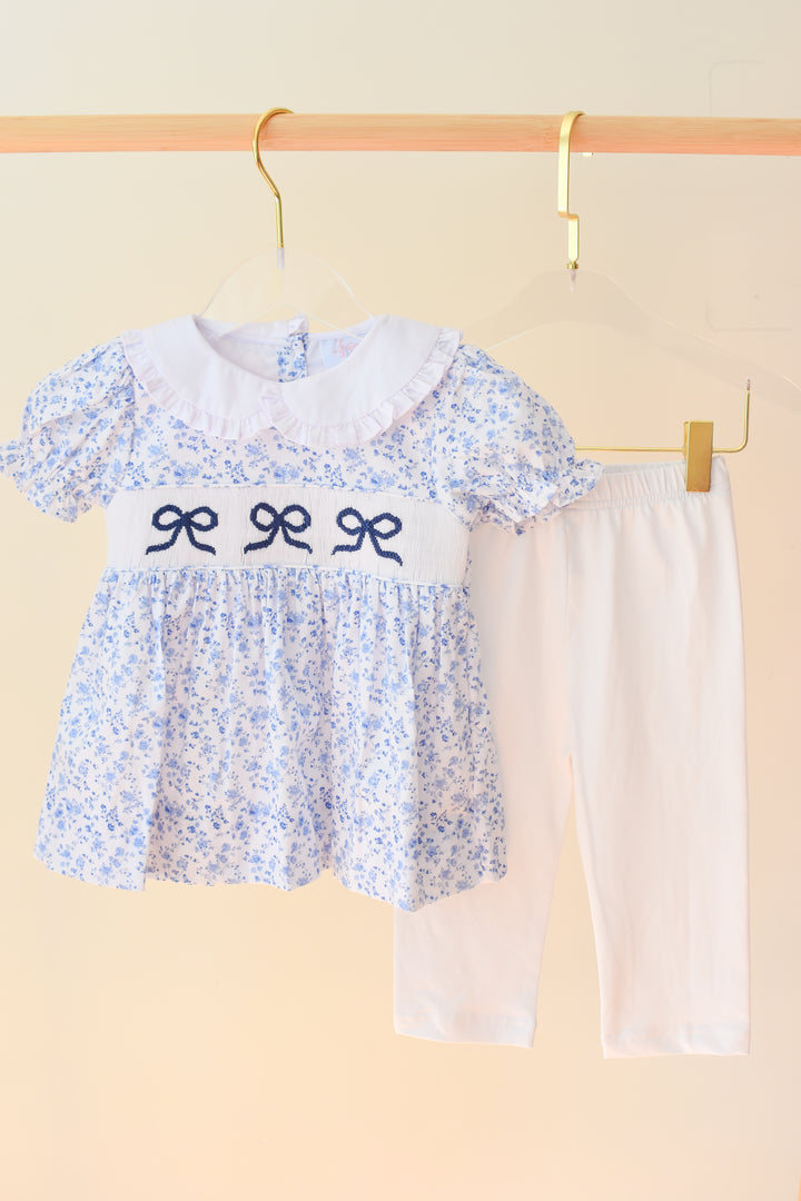 Girls Blue Floral Smocked Bella Bow Legging Set