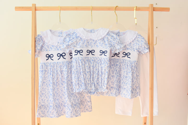 Girls Blue Floral Smocked Bella Bow Bubble