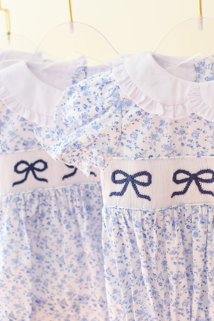 Girls Blue Floral Smocked Bella Bow Bubble
