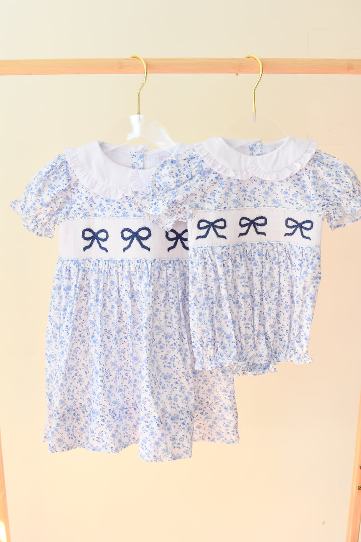 Girls Blue Floral Smocked Bella Bow Bubble