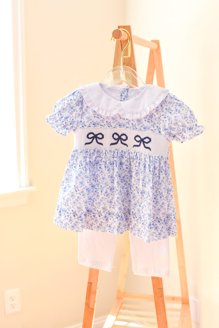 Girls Blue Floral Smocked Bella Bow Legging Set
