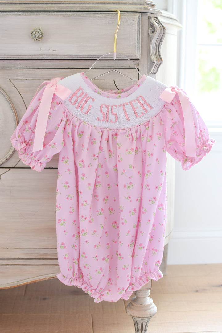 PRE-ORDER Big Sister Pink Floral Smocked Bubble with Pink Bows