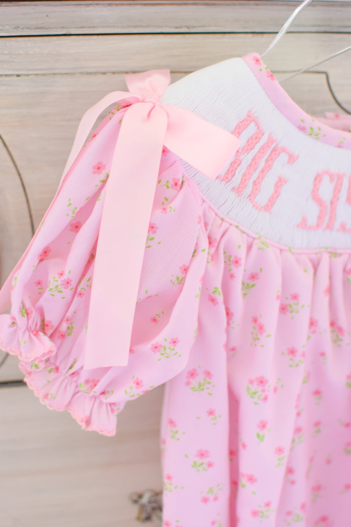 PRE-ORDER Big Sister Pink Floral Smocked Bubble with Pink Bows