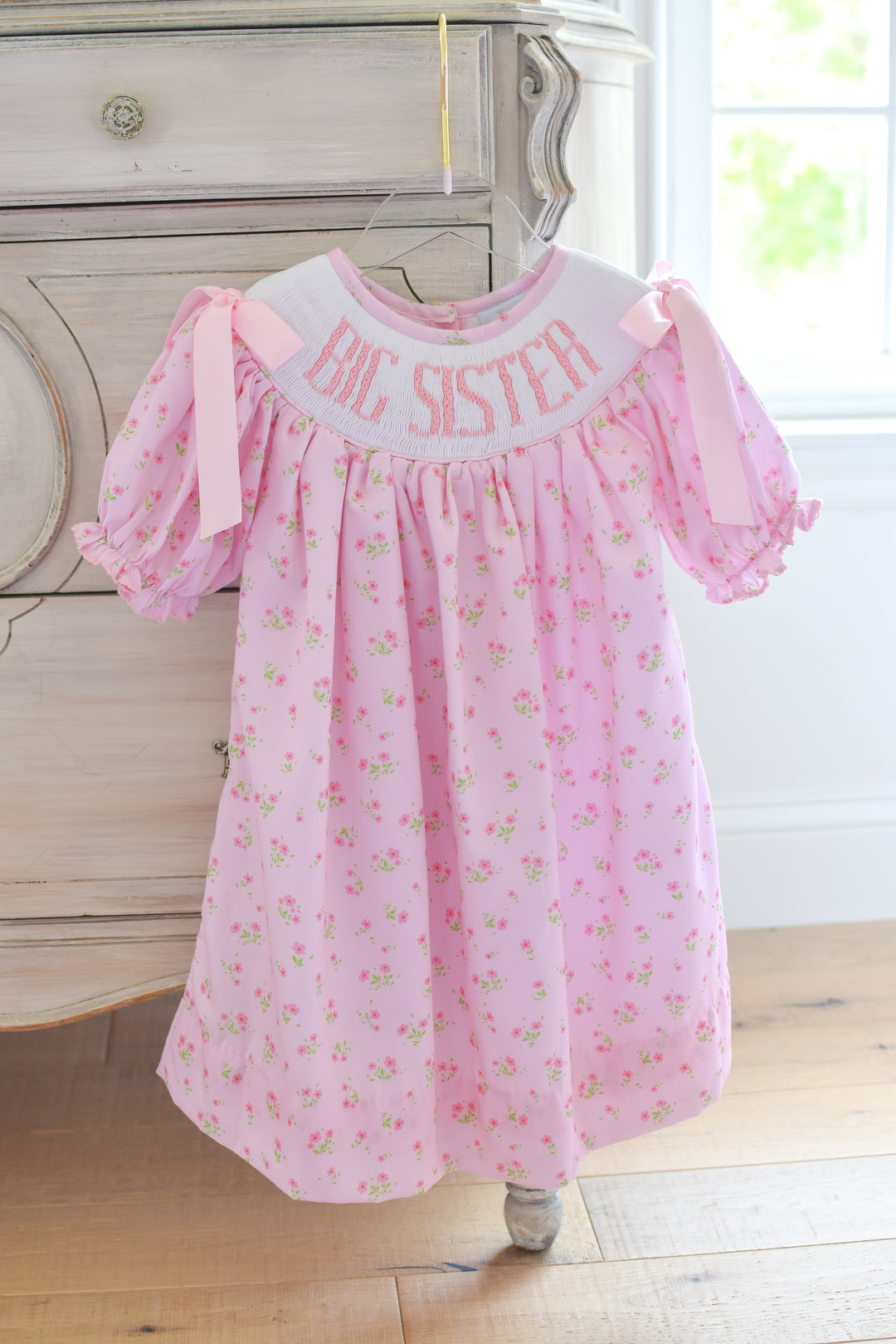 PRE-ORDER Big Sister Pink Floral Smocked Dress with Pink Bows