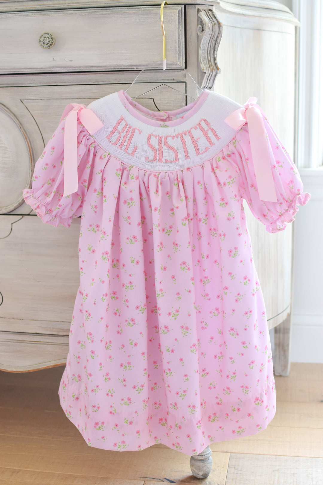 PRE-ORDER Big Sister Pink Floral Smocked Dress with Pink Bows
