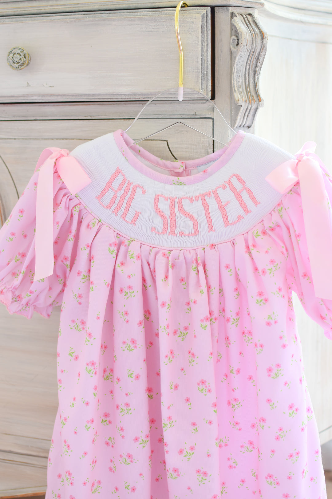 PRE-ORDER Big Sister Pink Floral Smocked Dress with Pink Bows
