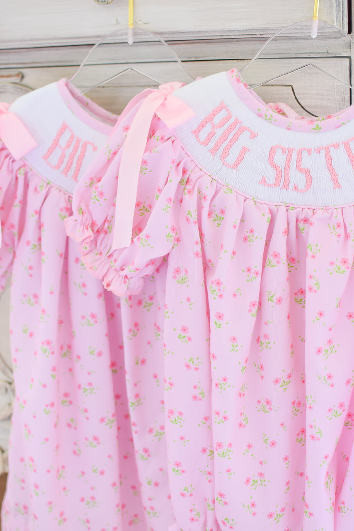 PRE-ORDER Big Sister Pink Floral Smocked Bubble with Pink Bows