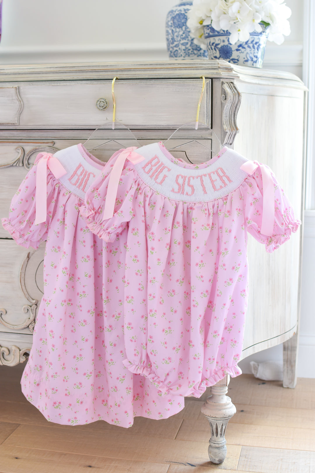 Big Sister Pink Floral Smocked Dress with Pink Bows