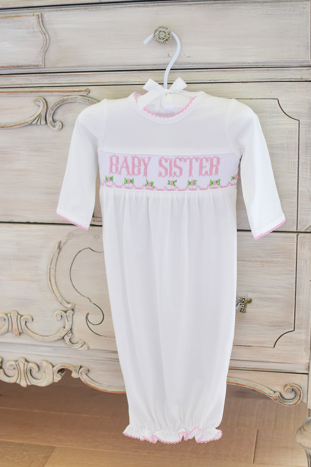 PRE-ORDER Baby Sister Smocked Gown and Hat Set