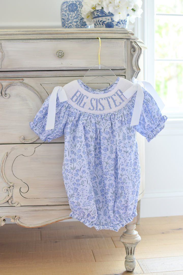 PRE-ORDER Big Sister Blue Floral Smocked Bubble with White Bows