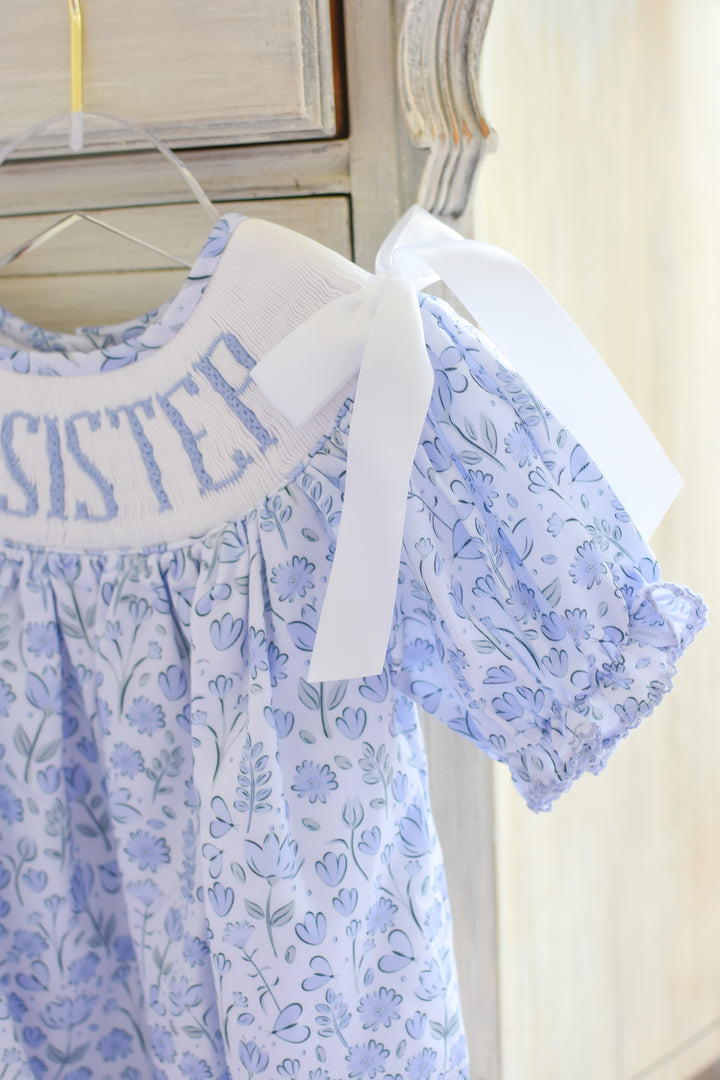 PRE-ORDER Big Sister Blue Floral Smocked Dress with White Bows