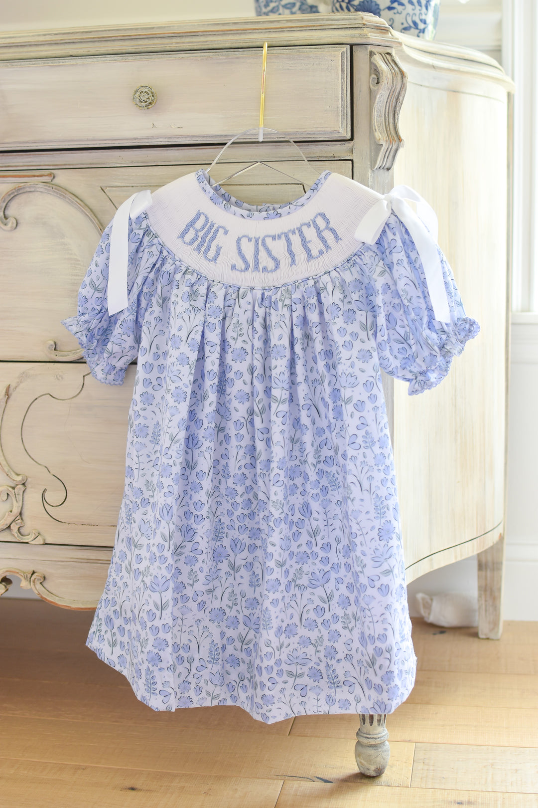 PRE-ORDER Big Sister Blue Floral Smocked Dress with White Bows