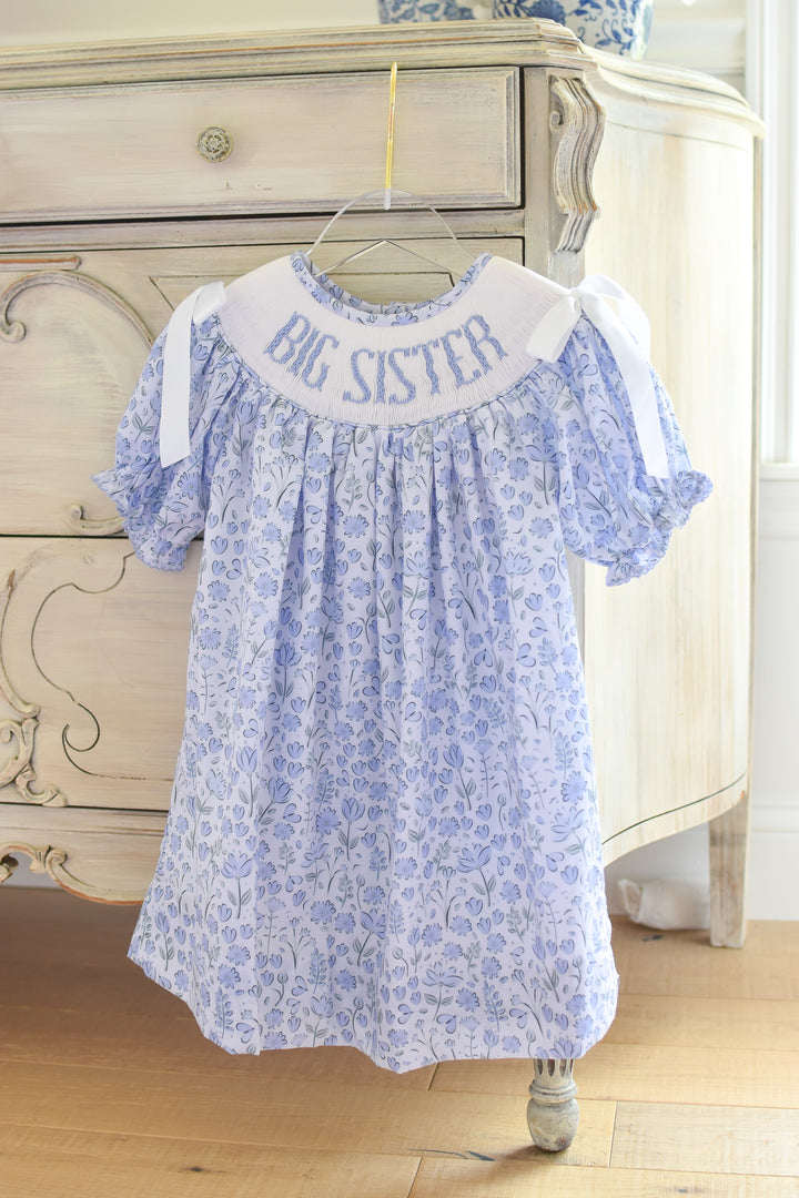PRE-ORDER Big Sister Blue Floral Smocked Dress with White Bows