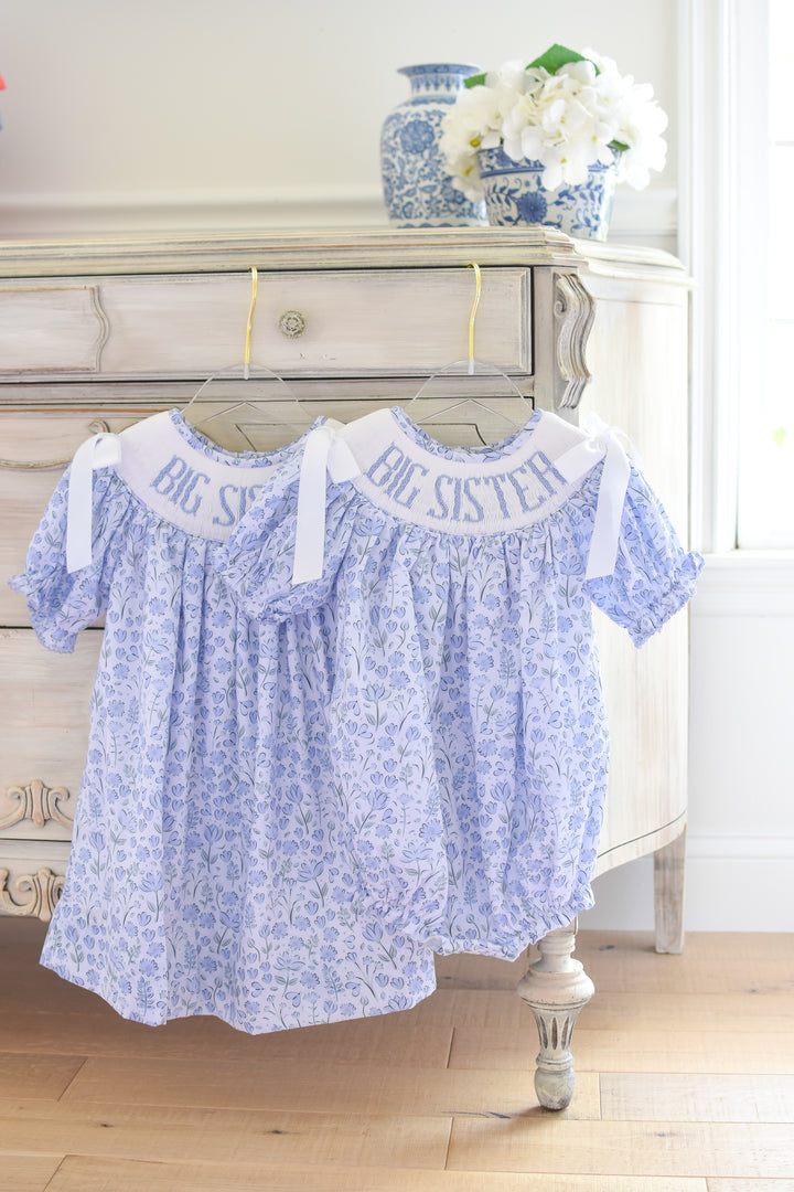PRE-ORDER Big Sister Blue Floral Smocked Dress with White Bows
