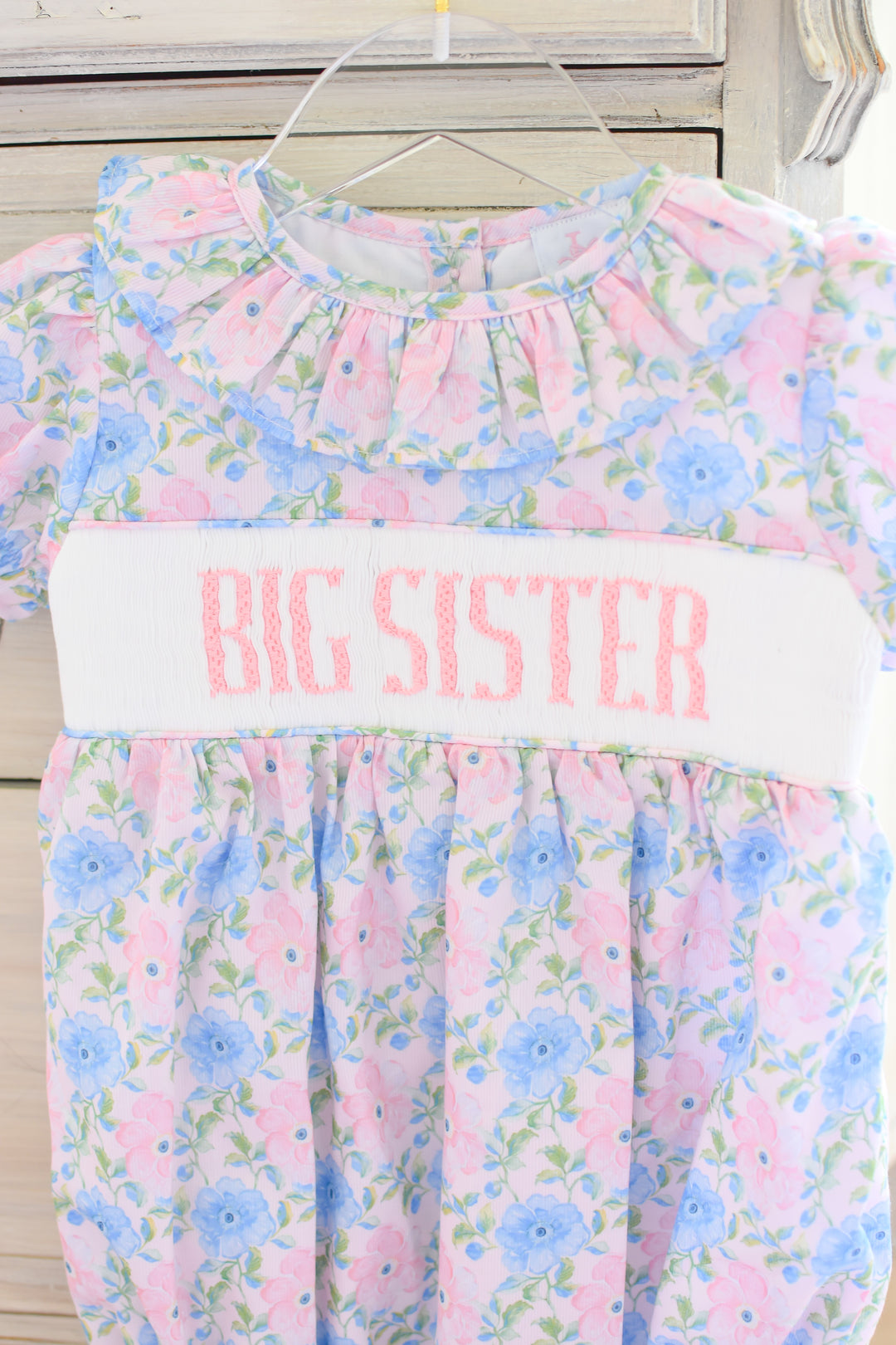 PRE-ORDER Big Sister Pink and Blue Floral Smocked Bubble