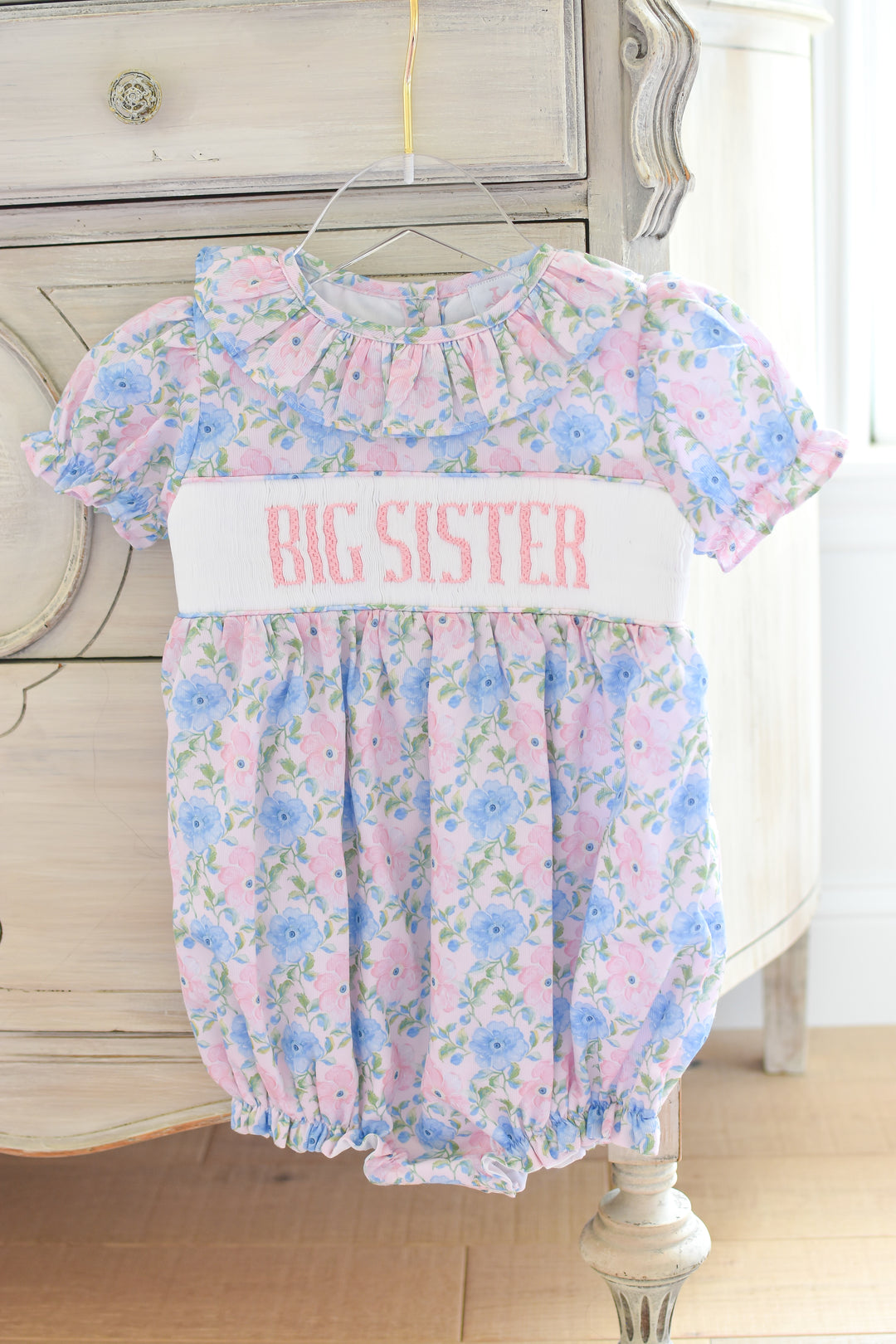 PRE-ORDER Big Sister Pink and Blue Floral Smocked Bubble