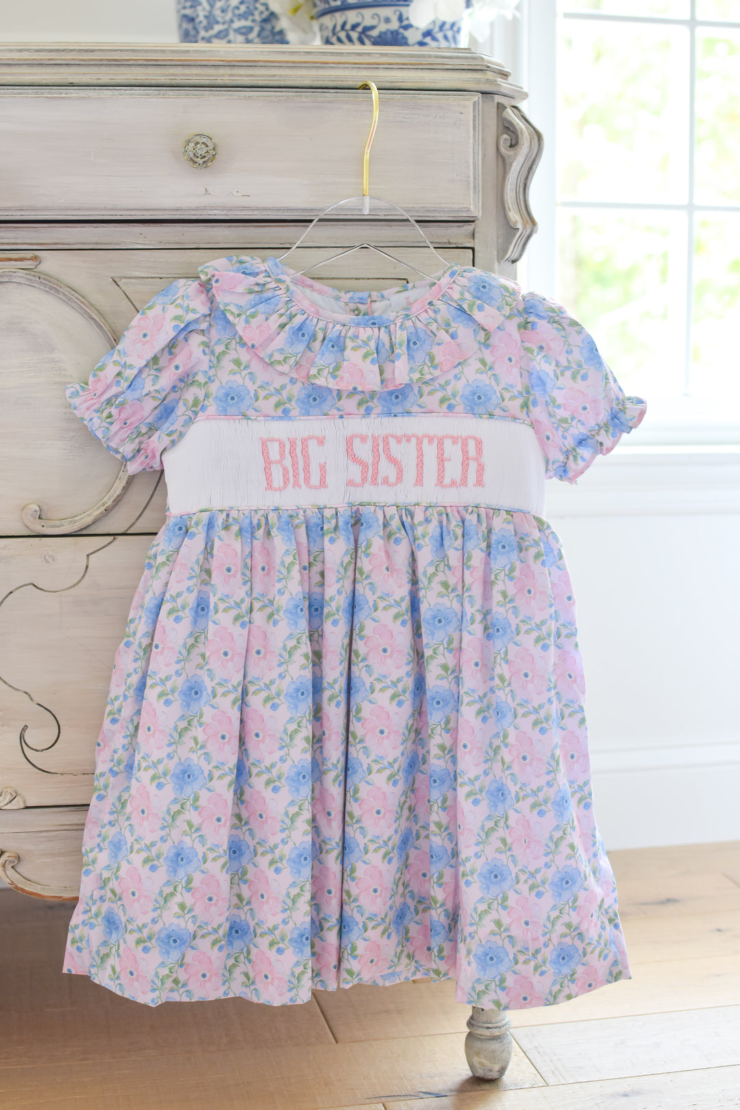PRE-ORDER Big Sister Pink and Blue Floral Smocked Dress