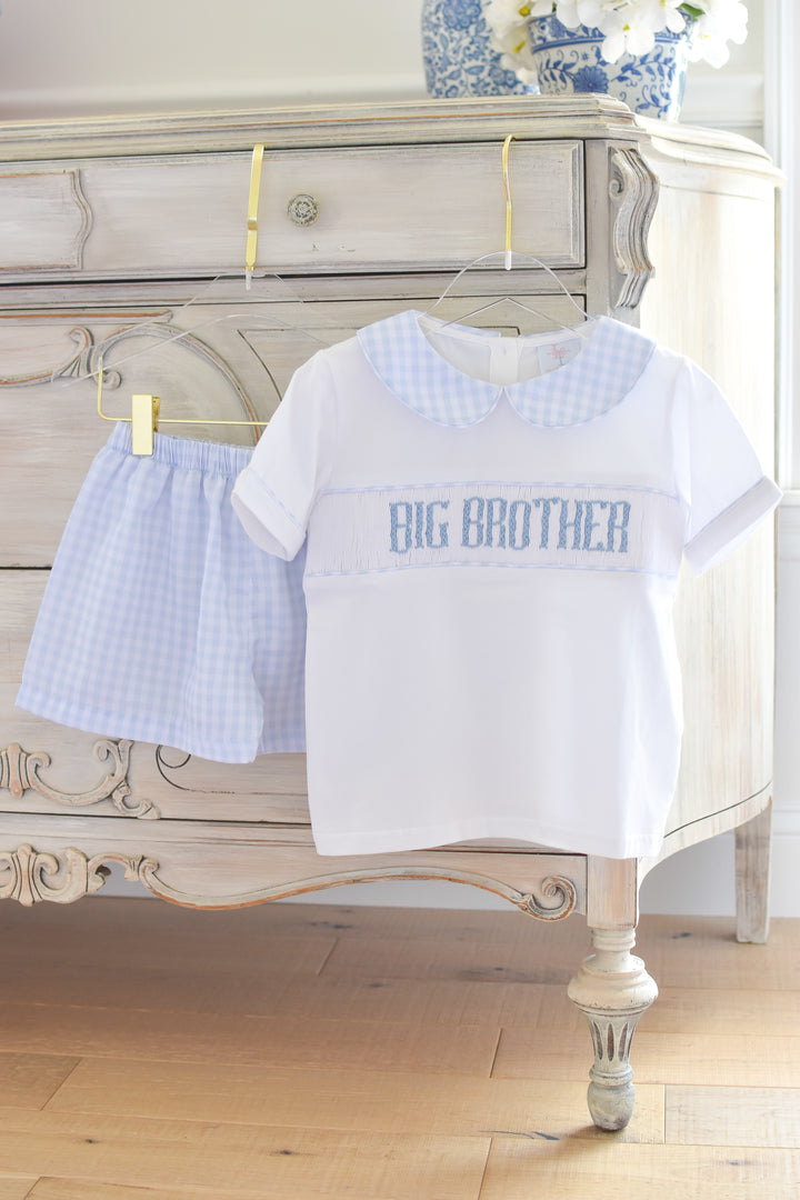 PRE-ORDER Big Brother Blue Gingham Smocked Set with Peter Pan Collar