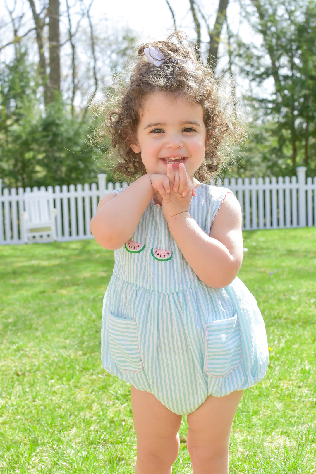 Green Seersucker Smocked Watermelon Bubble with Pockets