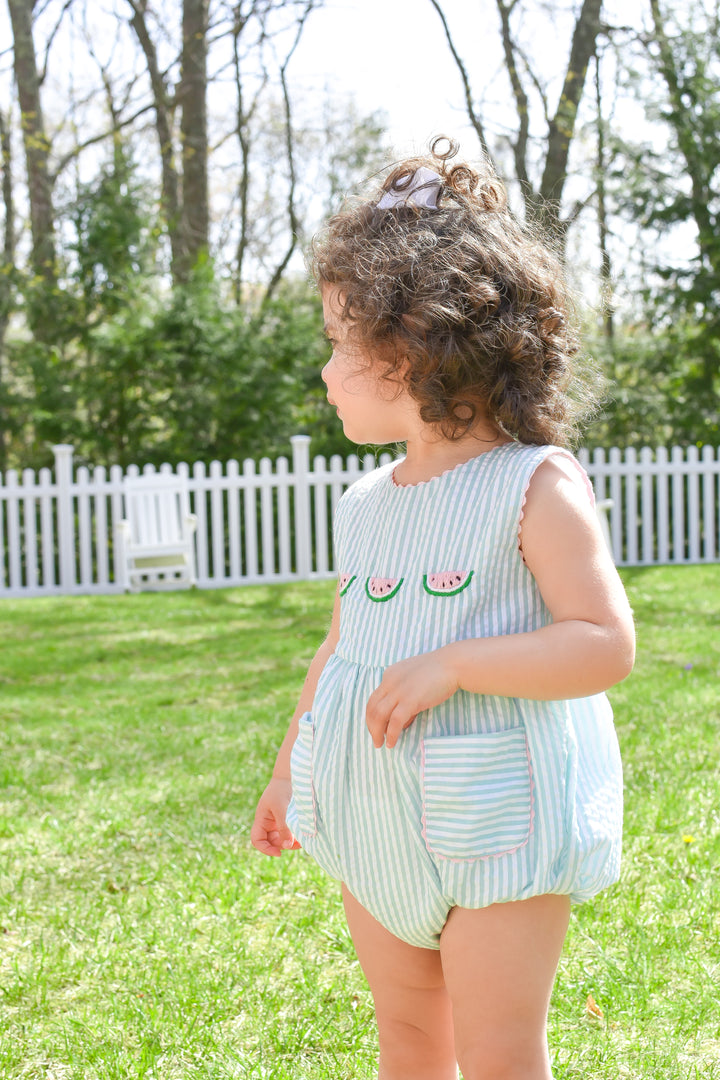Green Seersucker Smocked Watermelon Bubble with Pockets