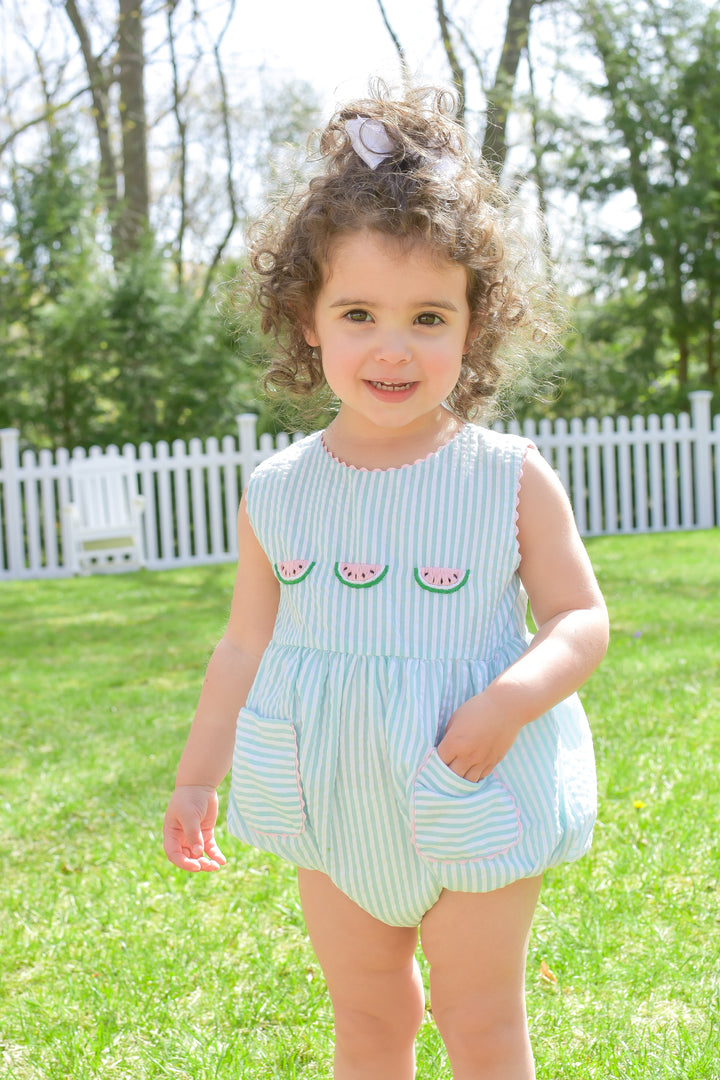 Green Seersucker Smocked Watermelon Bubble with Pockets