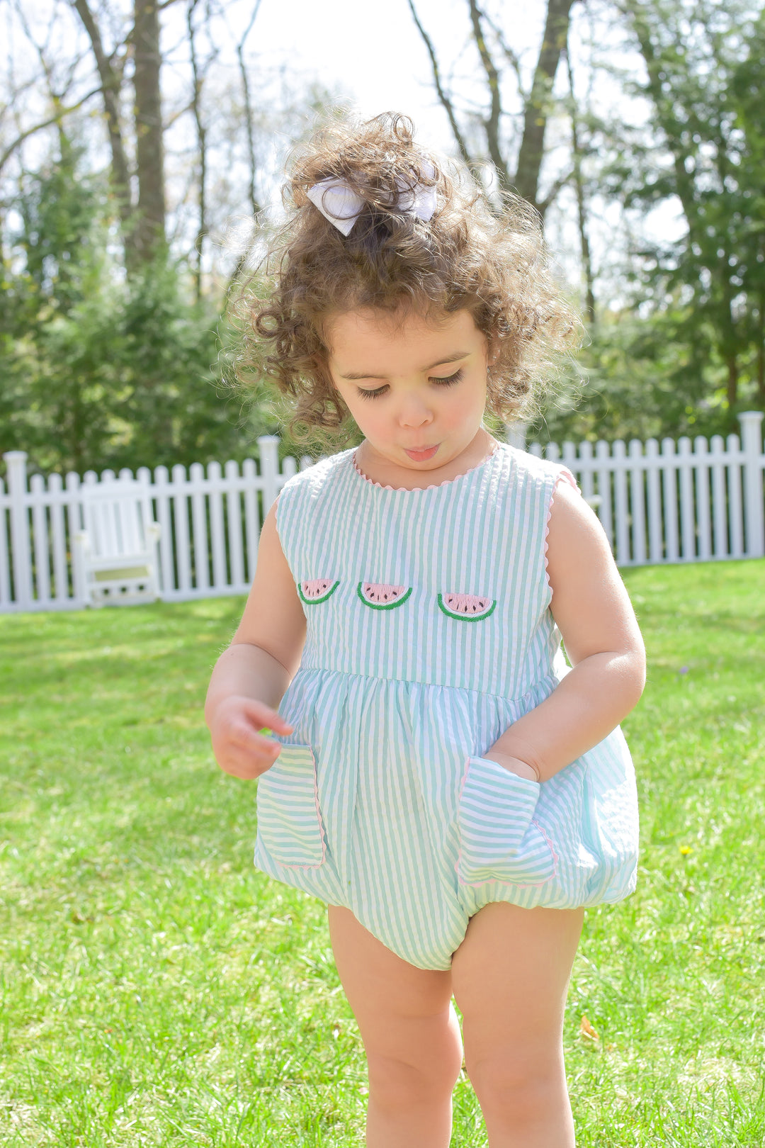 Green Seersucker Smocked Watermelon Bubble with Pockets