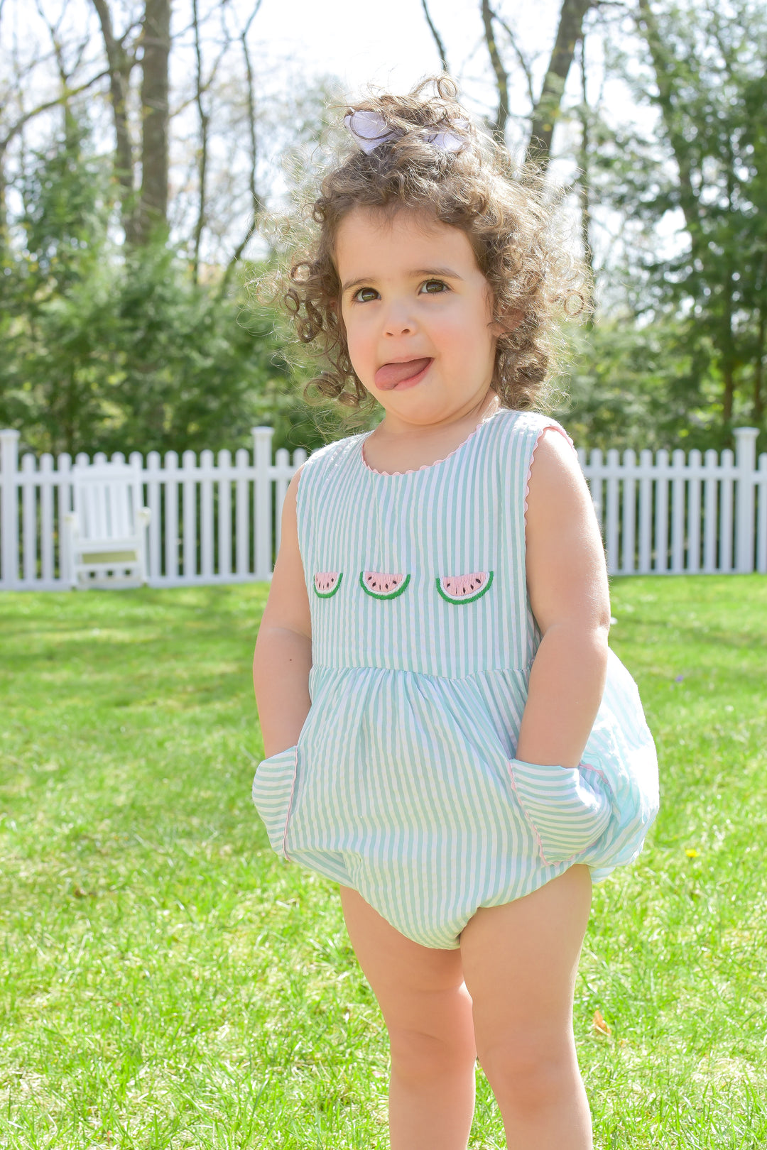 Green Seersucker Smocked Watermelon Bubble with Pockets