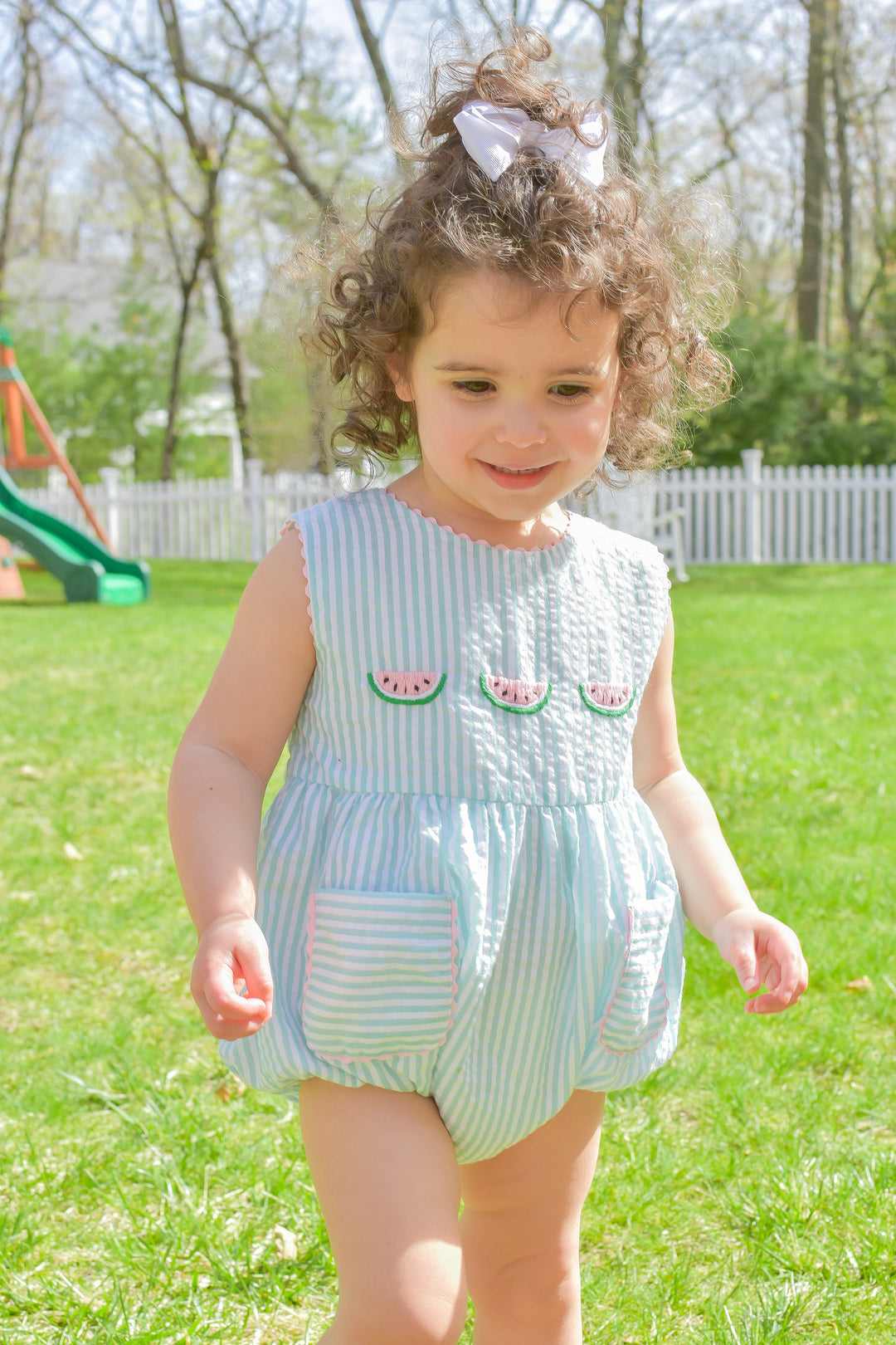 Green Seersucker Smocked Watermelon Bubble with Pockets