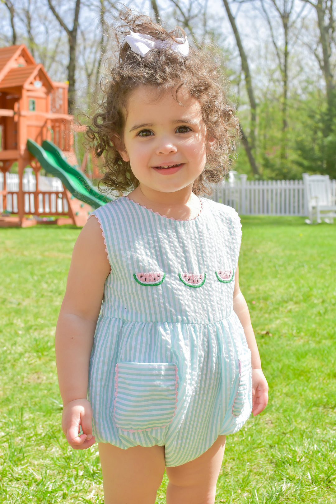 Green Seersucker Smocked Watermelon Bubble with Pockets