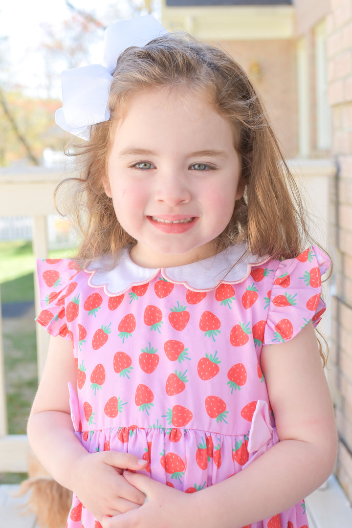 Girls Strawberry Dress with Scalloped Collar