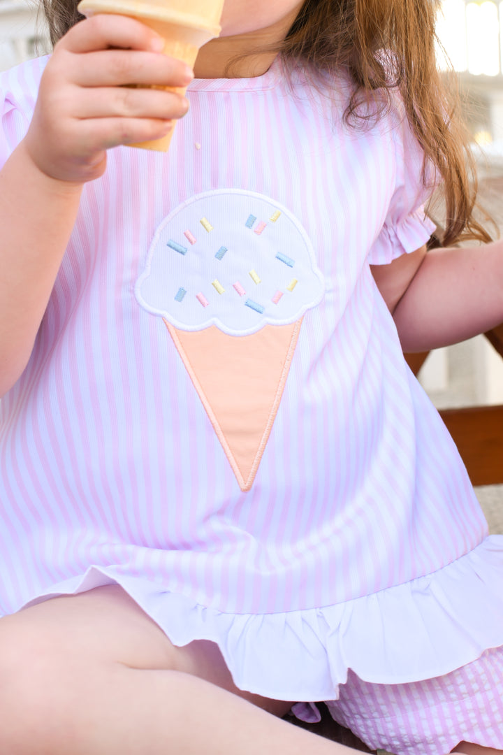 Pink Seersucker Ice Cream Applique Diaper Set