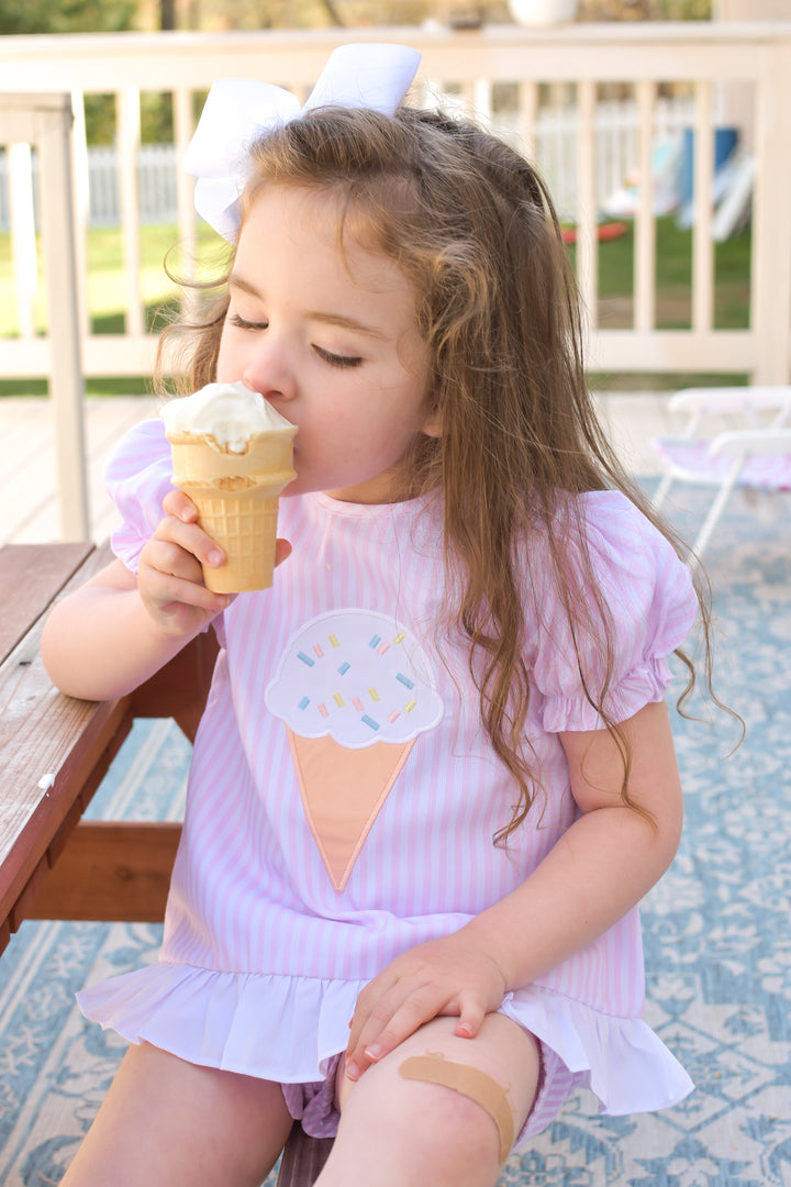 Pink Seersucker Ice Cream Applique Diaper Set