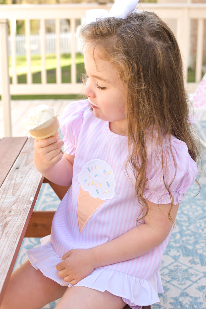 Pink Seersucker Ice Cream Applique Diaper Set