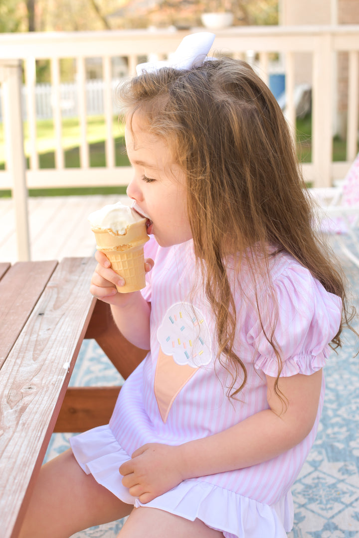 Pink Seersucker Ice Cream Applique Diaper Set