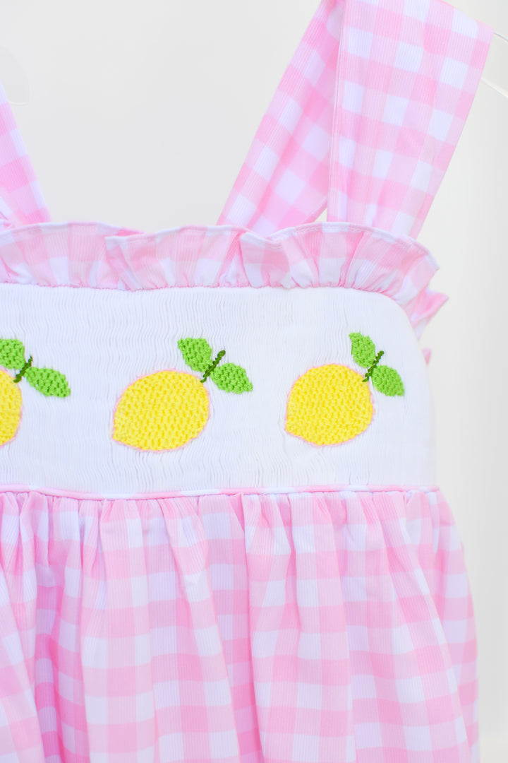 Lemon Pink Gingham Smocked Diaper Set