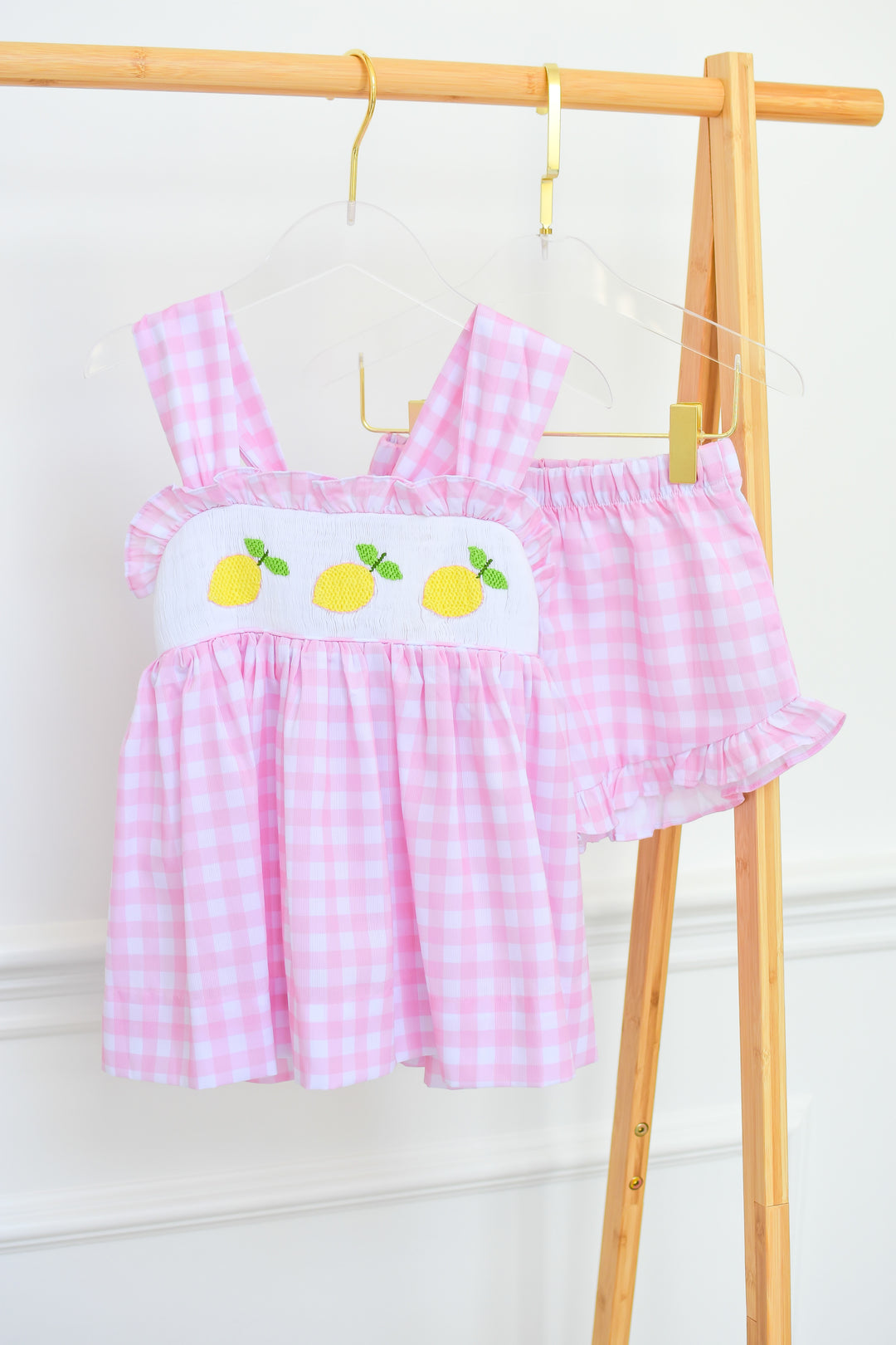 Lemon Pink Gingham Smocked Diaper Set
