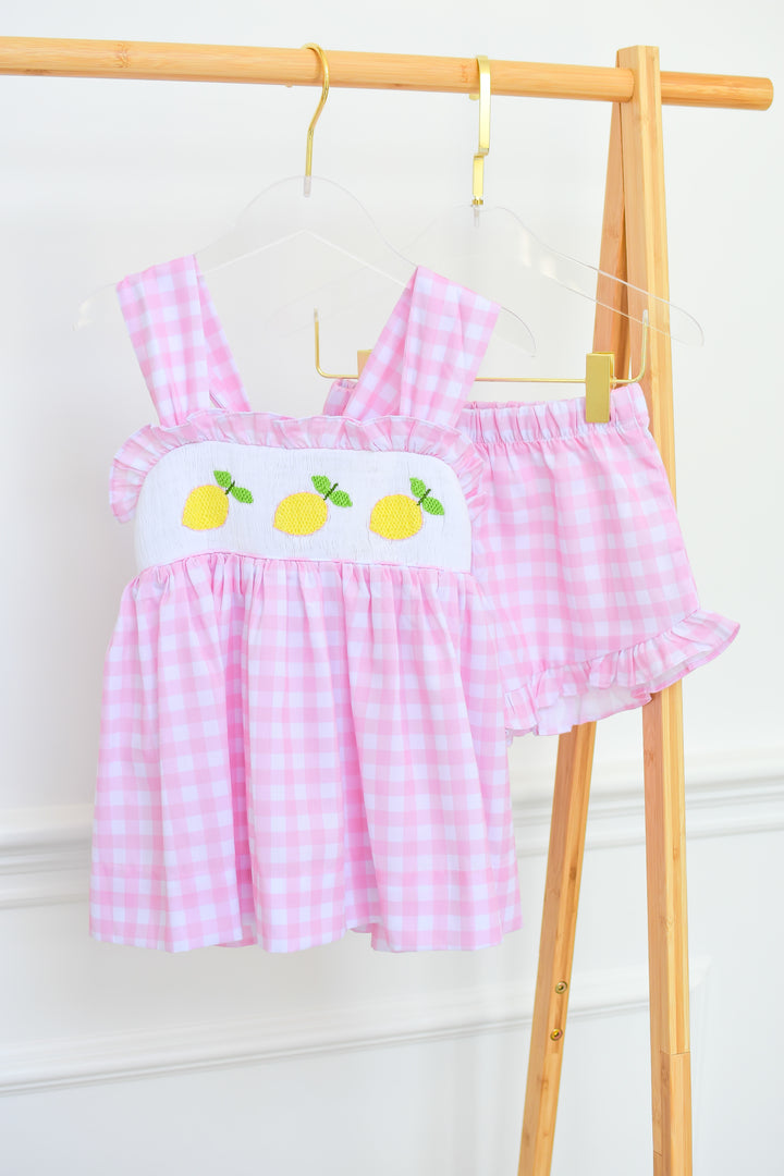 Lemon Pink Gingham Smocked Diaper Set