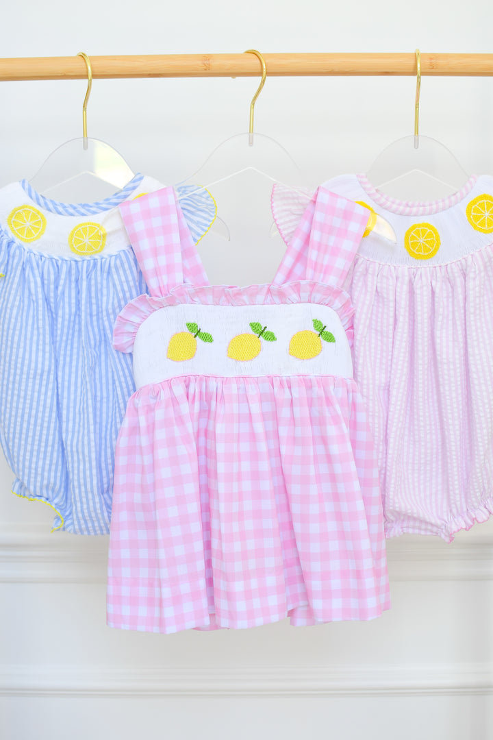 Lemon Pink Gingham Smocked Diaper Set