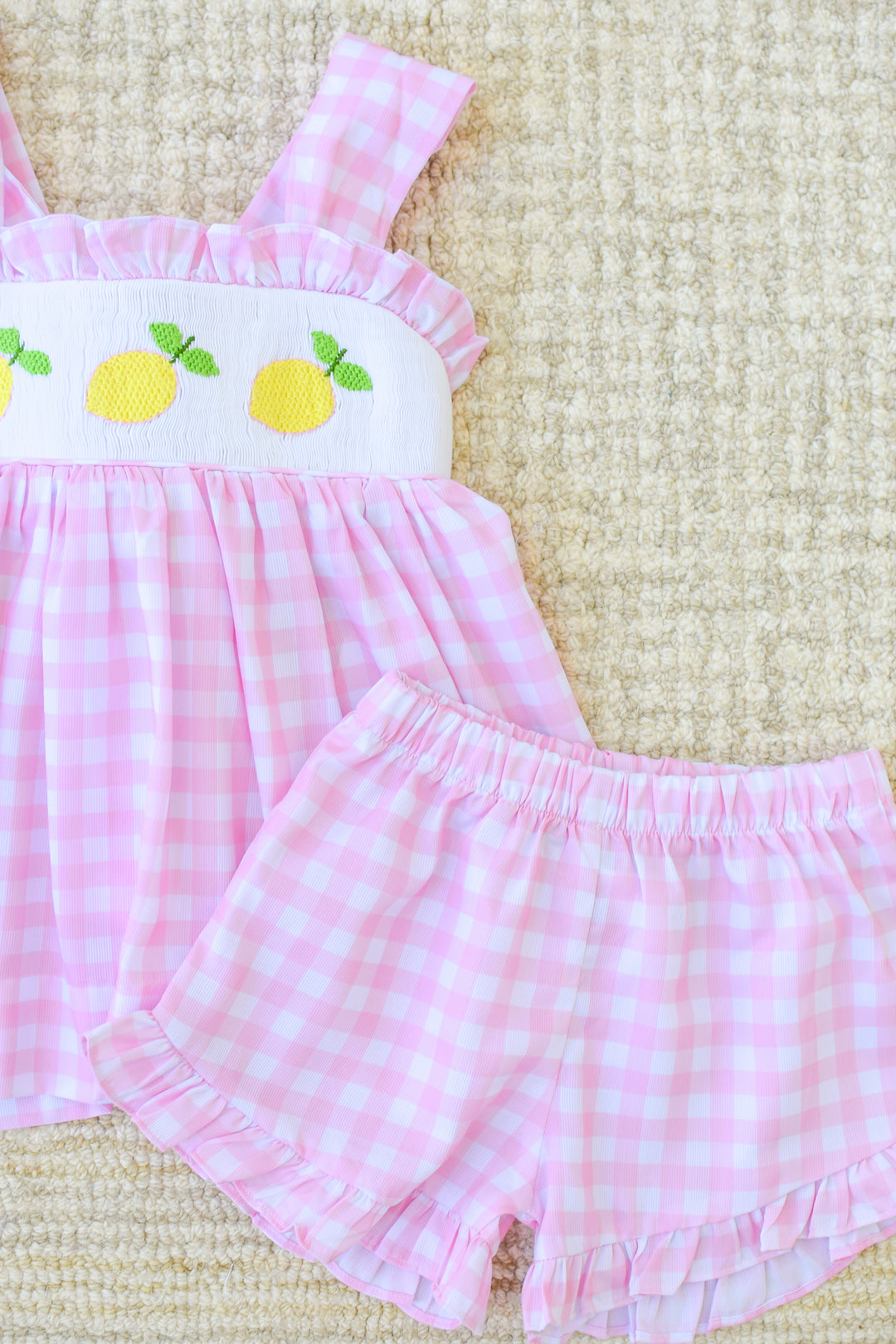 Lemon Pink Gingham Smocked Diaper Set
