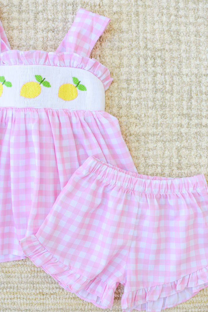 Lemon Pink Gingham Smocked Diaper Set
