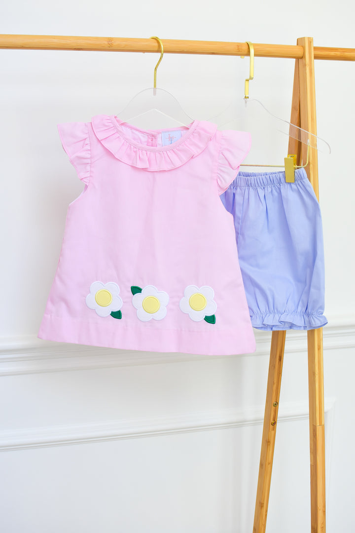 Girls Pink Daisy Applique Top and Short Set