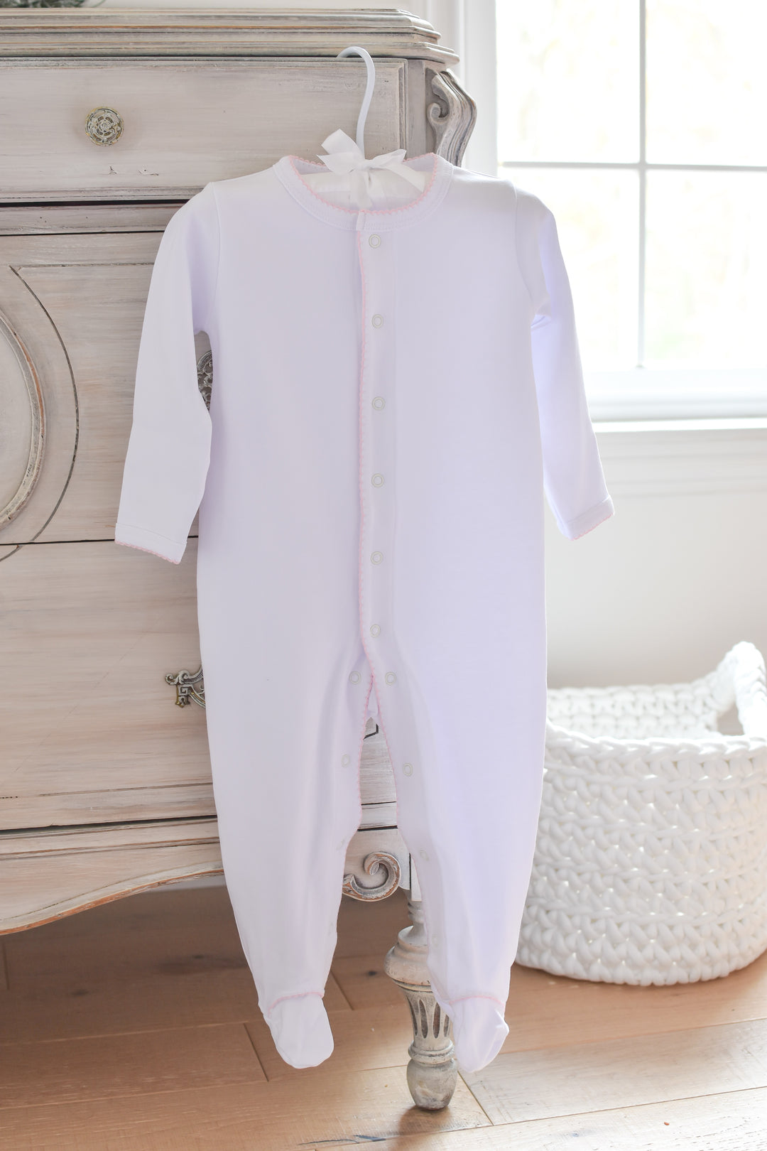 White Baby Girl Footie with Pink Trim