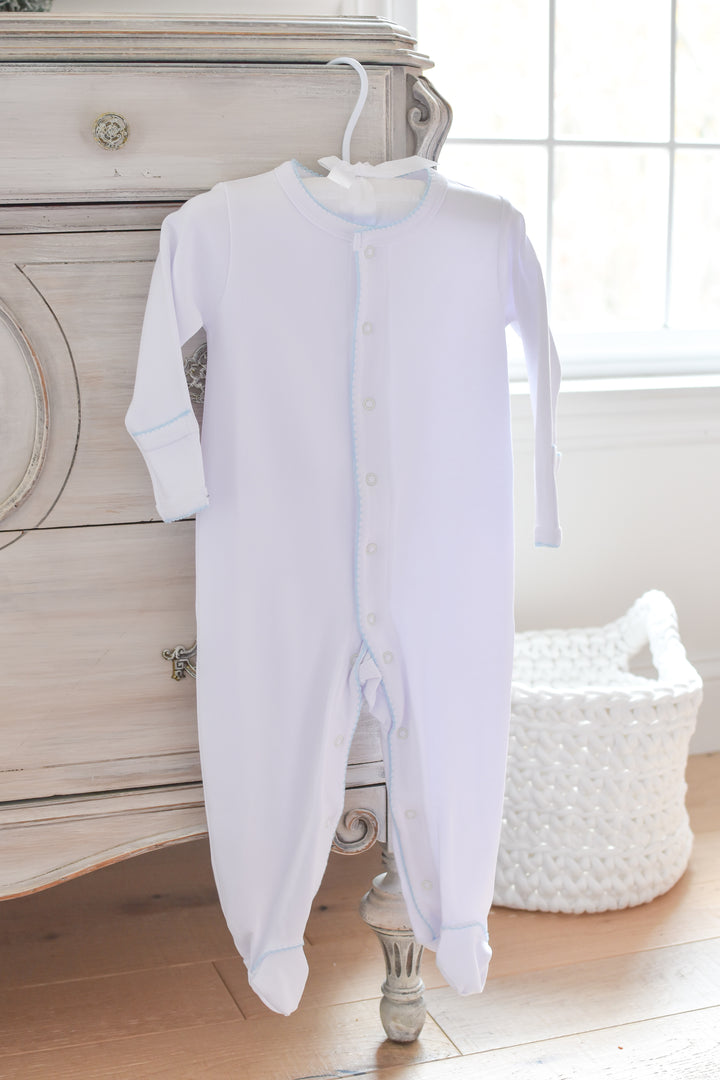 White Baby Boy Footie with Blue Trim