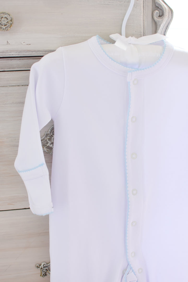 White Baby Boy Footie with Blue Trim