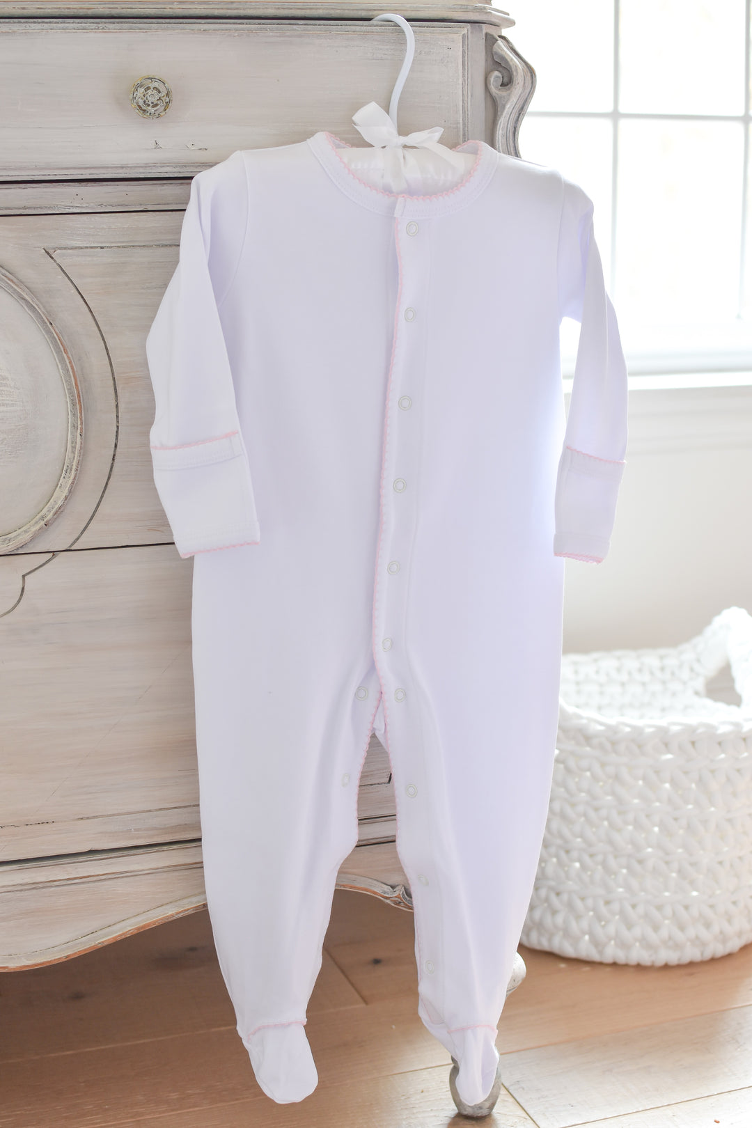 White Baby Girl Footie with Pink Trim